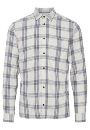 Men's long-sleeve plaid shirt in cream with navy and gray check pattern, featuring a button-down collar and front pocket. Soft fabric texture.
