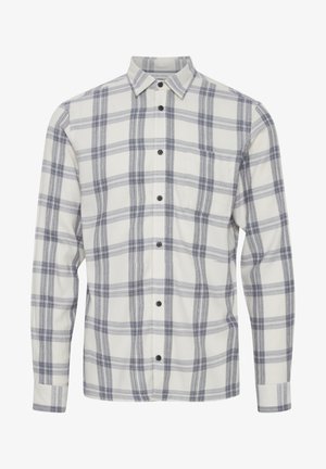Cămașă pentru bărbați, cu mânecă lungă, în carouri crem cu un model în nuanțe de navy și gri, având guler butonat și un buzunar frontal. Textura materialului este moale.