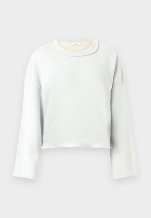 Lysegrå cropped sweatshirt med lange ærmer og rund halsudskæring, vist på en ensfarvet lys baggrund.