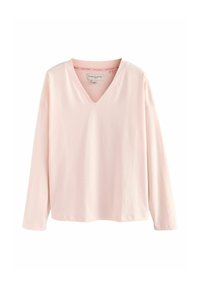 Tricou lung cu mânecă, de culoare roz deschis, cu decolteu în V, fabricat dintr-un material moale. Are un design simplu, cu detalii minime și o croială lejeră.