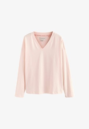 Helles rosa Langarm-T-Shirt mit V-Ausschnitt aus weichem Stoff. Es zeichnet sich durch ein einfaches Design mit minimaler Detailgestaltung und einem lockeren Schnitt aus.