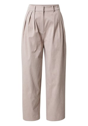 Beige, hoog getailleerde wijde broek met plooien aan de voorkant, riemlussen en een verborgen voorzijde sluiting.