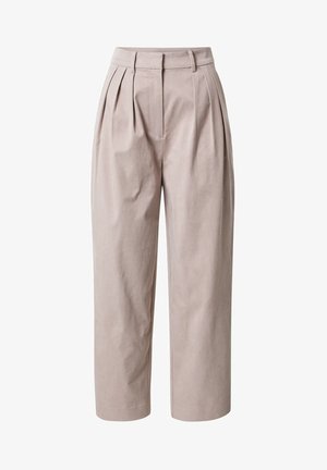 Beige, hoog getailleerde wijde broek met plooien aan de voorkant, riemlussen en een verborgen voorzijde sluiting.