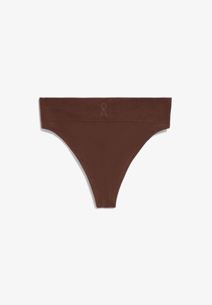 Brown ribbed cotton thong with a wide waistband. Features a seamless design and subtle logo on the waistband. Smooth texture.