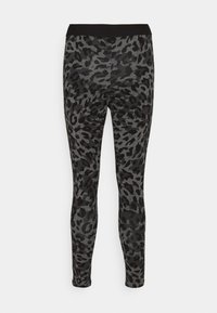 Leggings en tissu extensible avec un motif léopard noir et gris. Ceinture élastique pour un maintien sécurisé. Sans coutures visibles.