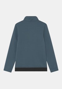 Långärmad pullover i en dämpad blå färg, med hög krage och svart fåll. Tillverkad av ett mjukt och slätt tyg med en enkel design.