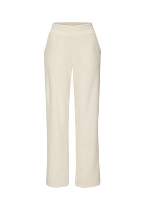 Cream-colored straight-leg pants with an elastic waistband and side pockets, shown on a white background.