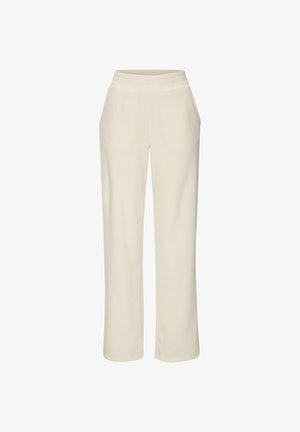 Cream-colored straight-leg pants with an elastic waistband and side pockets, shown on a white background.