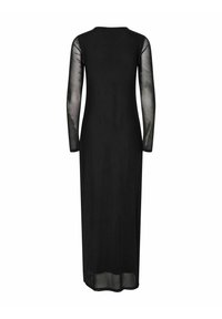 Černé maxi šaty s dlouhými, průhlednými rukávy a kulatým výstřihem. Materiál má hladkou texturu a splývavou siluetu.