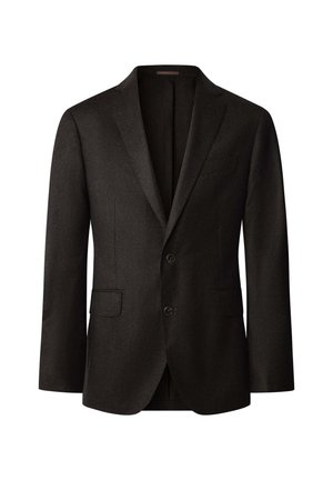 Zwarte blazer van een wolmix, met een enkelvoudige knoopsluiting, twee knopen en twee voorzakken met notch-lapels.
