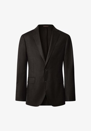 Schwarzer Blazer aus Wollmischgewebe mit einem einreihigen Design, zwei Knöpfen und zwei Fronttaschen mit Eingrifftaschen.