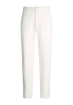 Pantaloni su misura di colore bianco sporco con chiusura a bottone, passanti per cintura e gambe dritte su uno sfondo bianco uniforme.