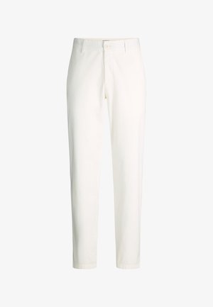 Off-white op maat gemaakte broek met knoopsluiting, ceintuurlussen en rechte pijpen op een effen witte achtergrond.