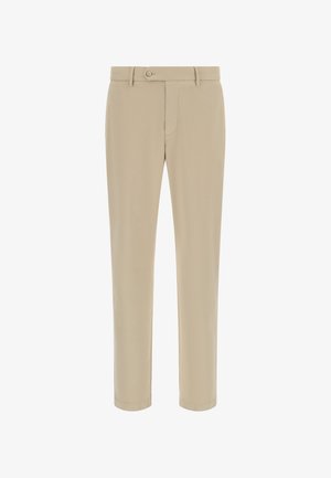 Béžové nohavice s lícnou úpravou, plochým predným dielom, zipsom a gombíkovým zapínaním, vyrobené z hladkého materiálu s rovnými nohavicami.