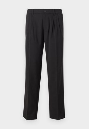Black tailored trousers made from smooth fabric, featuring pleats at the front, a button closure, and a straight leg design.