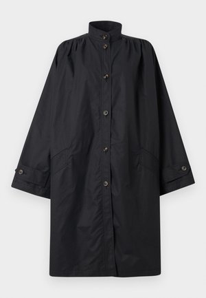 Black long raincoat with high collar, button front closure, side pockets, and buttoned cuffs, displayed flat on white background.