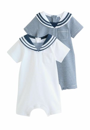 Two baby rompers with sailor collars, one solid white and one navy and white striped, both with short sleeves and front chest pockets.