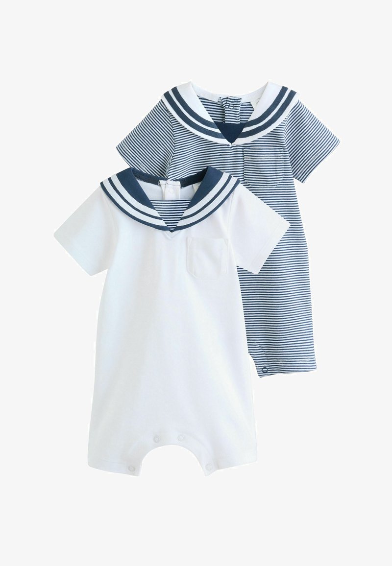 To babyheldragter med sømandsskraver, den ene helt hvid og den anden med marineblå og hvide striber, begge med korte ærmer og brystlommer foran.