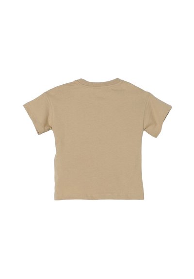 T-shirt a maniche corte beige in cotone con scollo rotondo, caratterizzato da un design semplice e da una texture morbida e liscia. Vista posteriore mostrata.