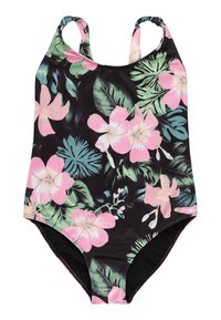 Jednodílné plavky v černé barvě s živým květinovým vzorem. Obsahuje růžové květy hibiscusu a zelené listy, vyrobeno z elastického materiálu.