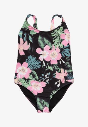 Eénstuk zwemuitrusting in zwart met een levendig bloemmotief. Bevat roze hibiscus bloemen en groene bladeren, gemaakt van rekbare stof.