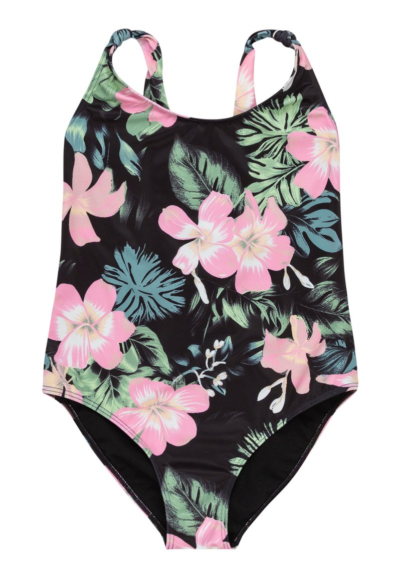 Jednodílné plavky v černé barvě s živým květinovým vzorem. Obsahuje růžové květy hibiscusu a zelené listy, vyrobeno z elastického materiálu.