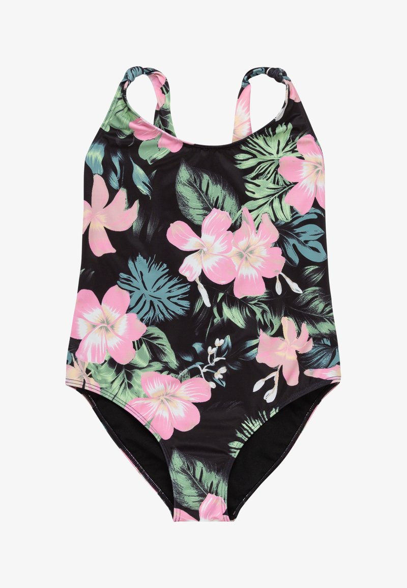 Jednodielne plavky v čiernej farbe s živou kvetinovou potlačou. Zdobené ružovými hibiskusovými kvetmi a zelenými listami, vyrobené z elastického materiálu.