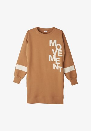 Brun sweatshirtkjole med hvidt fed tekst "MOVEMENT," lange ærmer og kontraststriber i hvid på ærmerne. Blød stof tekstur.
