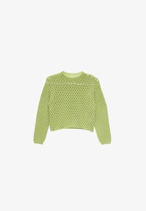 Sweter dziergany w jasnym zielonym kolorze, o luźnym, otwartym splotcie, okrągłym dekolcie i długich rękawach. Rybkowane mankiety i dół nadają mu teksturę.