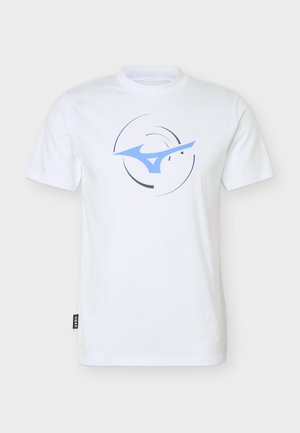 White short-sleeve T-shirt with a light blue abstract logo and circular design printed in the center front, with a black side tag.