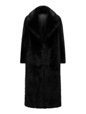Lang svart faux fur-kåpe med bred krage, glatt tekstur og rett silhuett. Har en ensfarget design uten mønstre eller dekorasjoner.