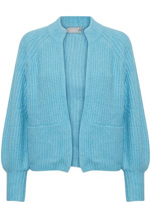 Cardigan en tricot bleu clair avec une texture côtelée, à l'avant ouvert, avec des manches longues et deux poches avant. Matière douce avec une coupe décontractée.