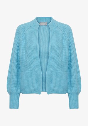 Light blue knitted cardigan with ribbed texture, open front, long sleeves, and two front pockets. Soft material with a relaxed fit.