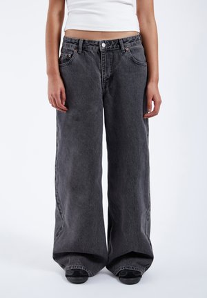 Wide-leg gray denim jeans featuring a high waist, four pockets, and a button closure. The fabric has a soft, smooth texture.