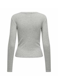 Maglia grigia a maniche lunghe realizzata in tessuto morbido, con scollatura tondeggiante e una silhouette aderente, senza marchi o motivi visibili.
