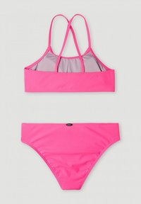 Roze bikini set met een cropped top met kruislings straps en een bottom met een middellange snit, gemaakt van gladde, rekbare stof.