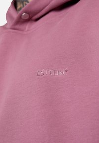 Hoodie rose en tissu doux, avec un col boutonné et un logo brodé "ESTEEM" sur la poitrine pour plus de détails.