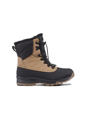 Waterproof winter boot featuring a tan upper with black accents, textured finish, faux fur collar, and rubber outsole for traction.
