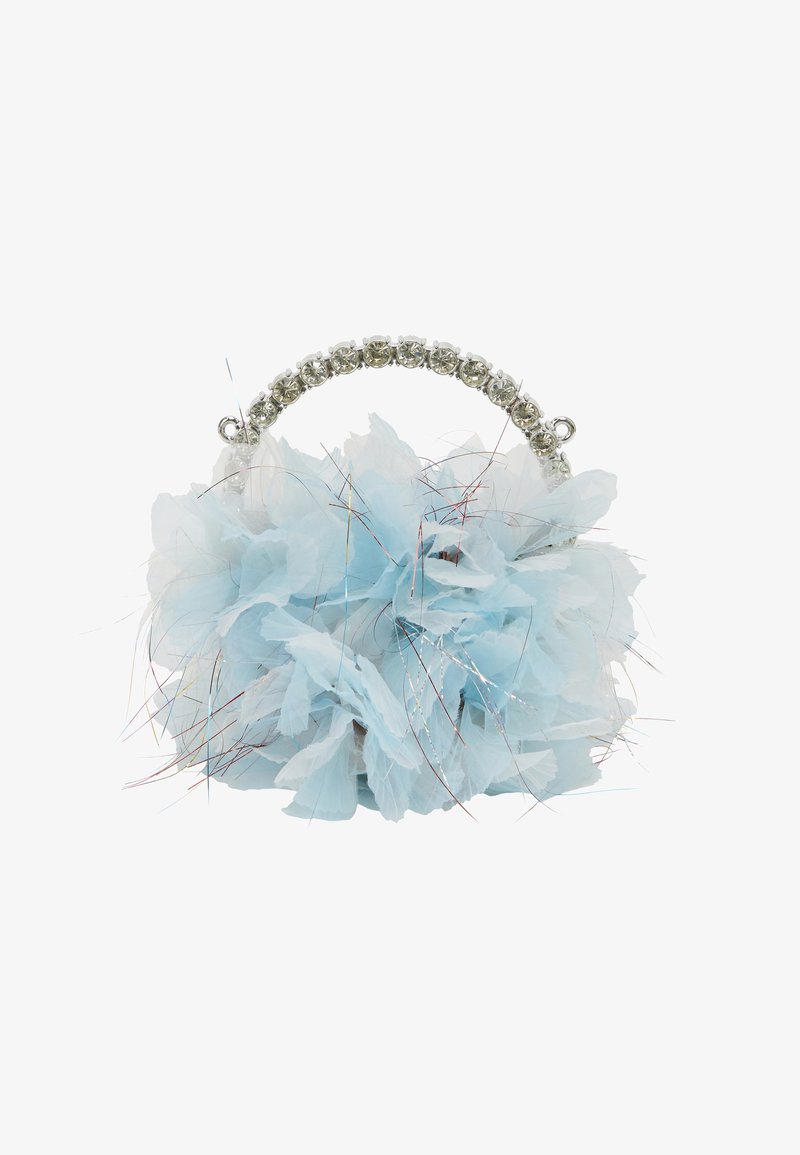Borsa a mano di colore blu chiaro realizzata in morbido tessuto stratificato con fili metallici. Il manico è arricchito da strass trasparenti, che aggiungono un tocco decorativo.