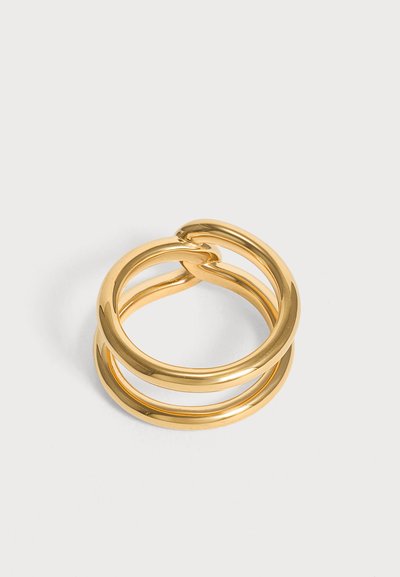 Bague double bande en or avec une finition lisse et brillante, comportant deux bandes parallèles reliées formant une boucle continue.