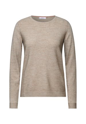 Beige long-sleeve sweater with a round neckline. Features a textured knit pattern and subtle horizontal stripes. Material is soft and lightweight.