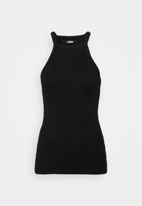 Černý žebrovaný top s vysokým krkem a tenkými ramínky. Vyrobeno ze strečového materiálu, má přiléhavý střih a bezšvé boky.