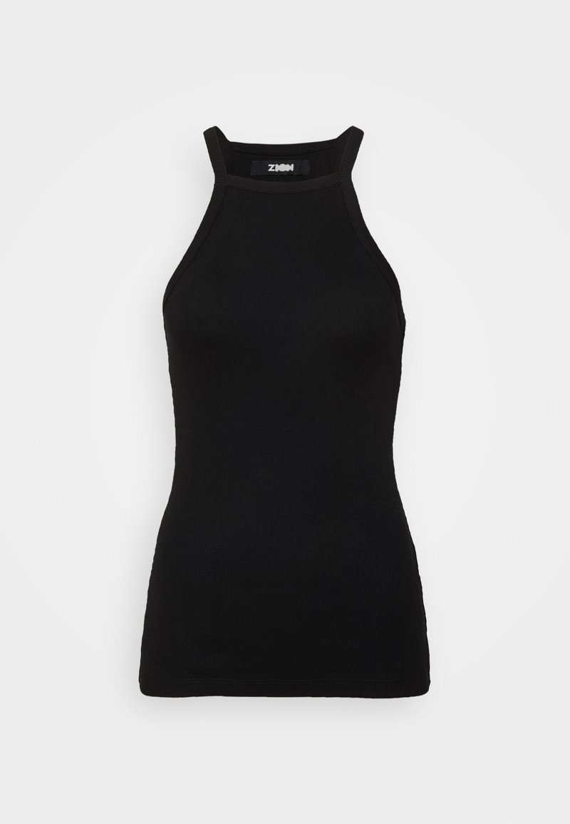 Černý žebrovaný top s vysokým krkem a tenkými ramínky. Vyrobeno ze strečového materiálu, má přiléhavý střih a bezšvé boky.