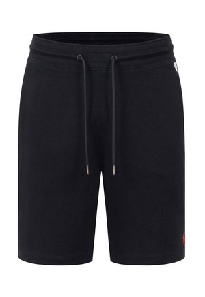 Schwarze Baumwollshorts mit elastischem Bund und schwarzen Kordeln, mit kleinem rotem Logo am unteren linken Bein.