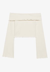 Off-shoulder topp i krem ribbestrikket stoff med en scallop-design på utringning og nederkant. Lange ermer med en bred, avslappet passform.