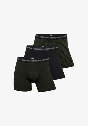 Tre par herre boxer briefs: en sort, en mørkegrøn med et svulmet mønster, og en anden mørkegrøn med et geometrisk mønster, alle med logo-bånd i taljen.