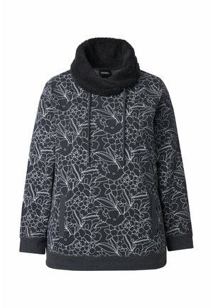 Felpa grigia scura a maniche lunghe con motivo floreale bianco, collo a corolla e stringhe. Presenta tasche laterali e colletto testurizzato.