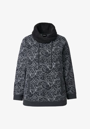 Dunkelgrauer Sweatshirt mit langen Ärmeln, weißem Blumenmuster, Schalkragen und Kordeln. Verfügt über seitliche Taschen und einen strukturierten Kragen.
