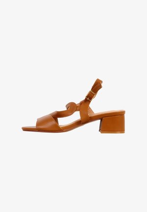 Bruine leren sandaal met open teen, lage blokhak, enkelriem en gouden gesp, zijaanzicht op witte achtergrond.