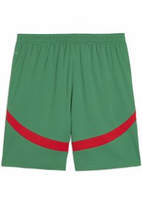 Roheline sportlik lühike püks, millel on punane kõver aktsent triip, elastne vöökoht ja pehme, hingav kangas mugavuseks sporditegevuste ajal.